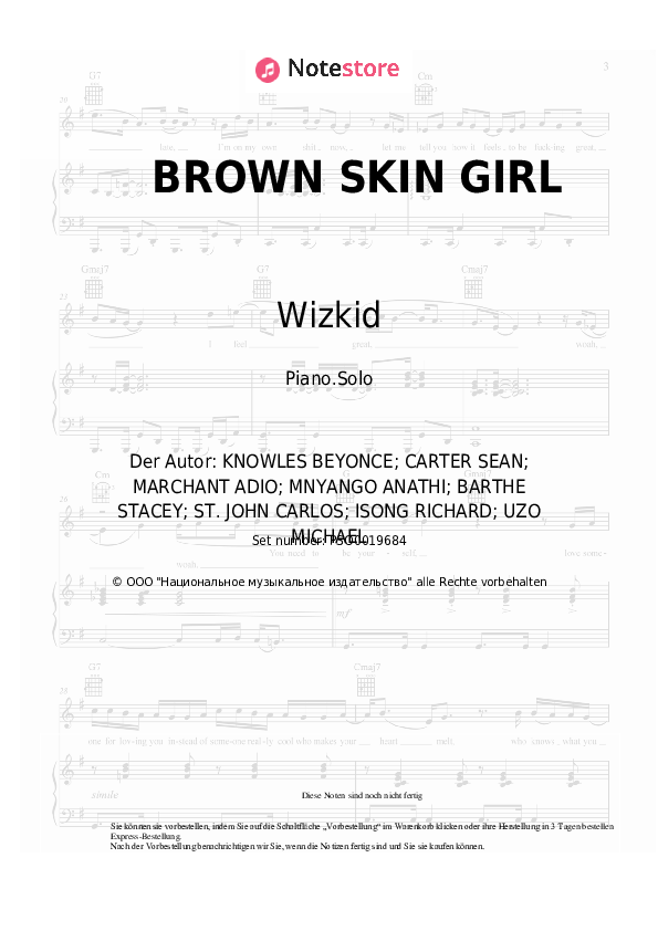 Noten Beyonce, Blue Ivy Carter, SAINt JHN, Wizkid - BROWN SKIN GIRL - Klavier.Solo