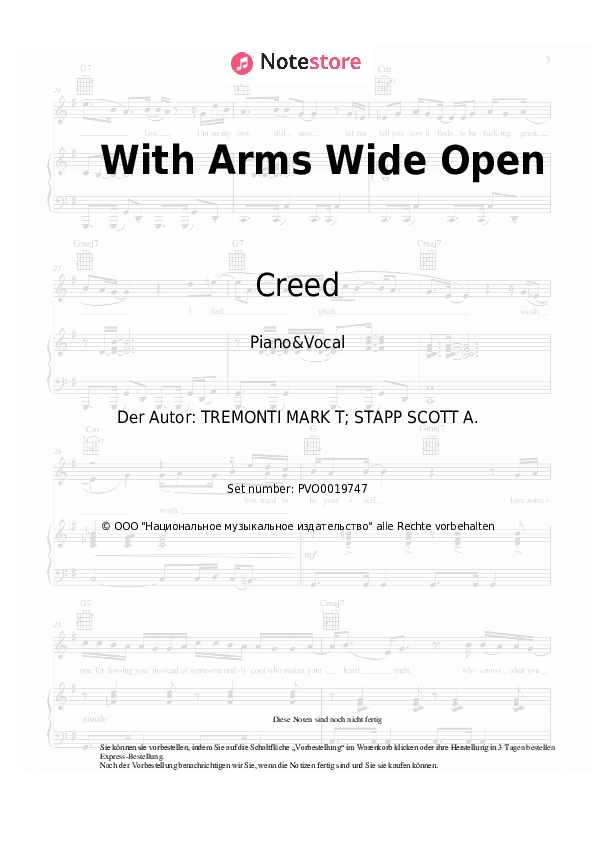 Noten mit Gesang Creed - With Arms Wide Open - Klavier&Gesang