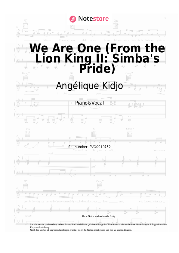 Noten mit Gesang Angélique Kidjo - We Are One (From the Lion King II: Simba's Pride) - Klavier&Gesang