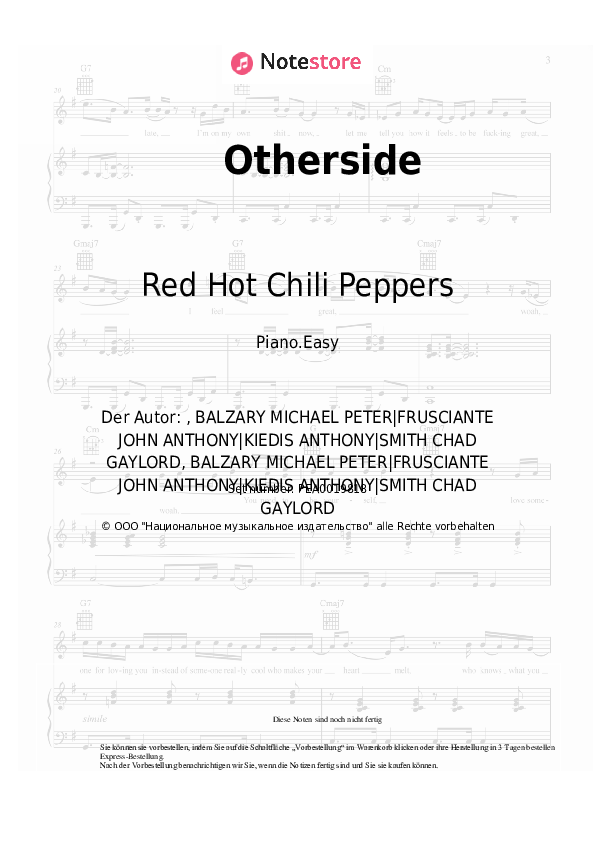 Einfache Noten Red Hot Chili Peppers - Otherside - Klavier.Einfach