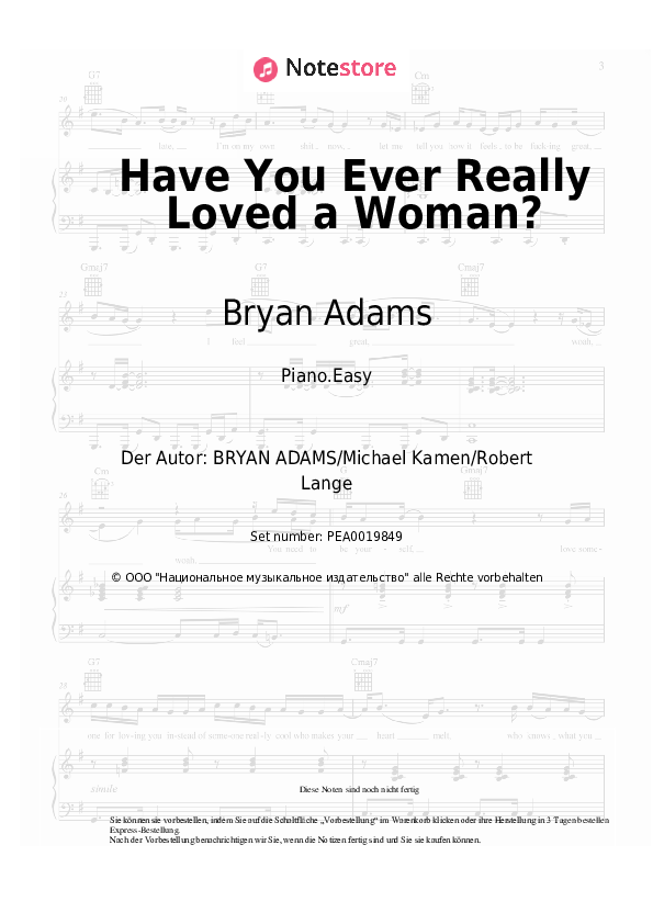 Einfache Noten Bryan Adams - Have You Ever Really Loved a Woman? - Klavier.Easy