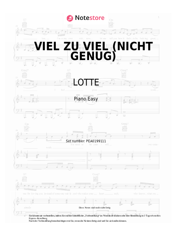 Einfache Noten LOTTE - VIEL ZU VIEL (NICHT GENUG) - Klavier.Einfach