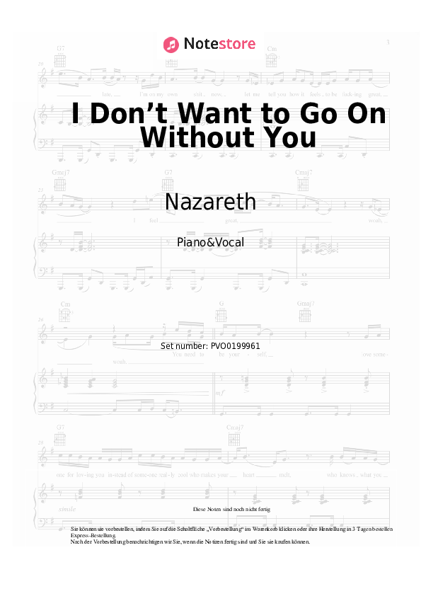 Noten mit Gesang Nazareth - I Don’t Want to Go On Without You - Klavier&Gesang