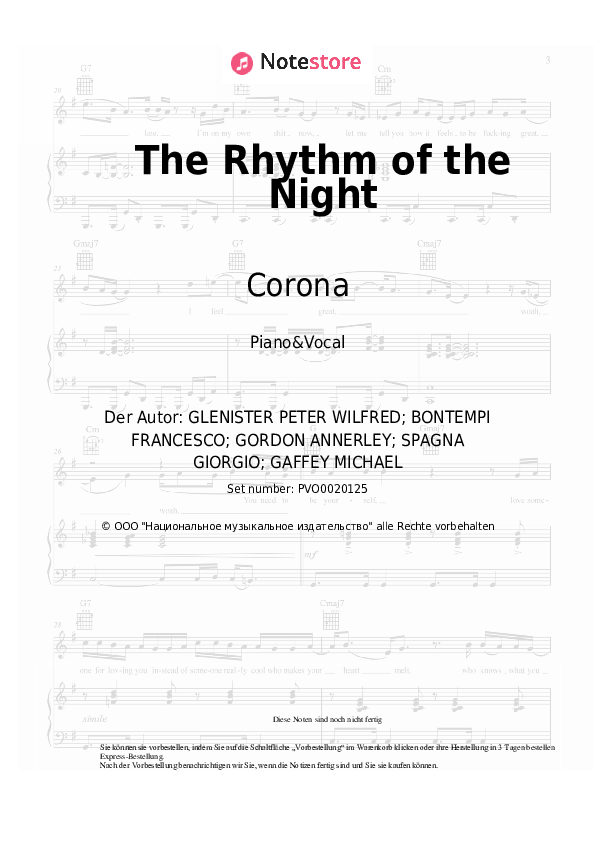 Noten mit Gesang Corona - The Rhythm of the Night - Klavier&Gesang