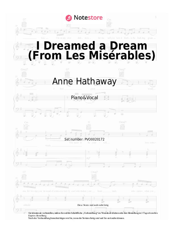 Noten mit Gesang Anne Hathaway - I Dreamed a Dream (From Les Misérables) - Klavier&Gesang