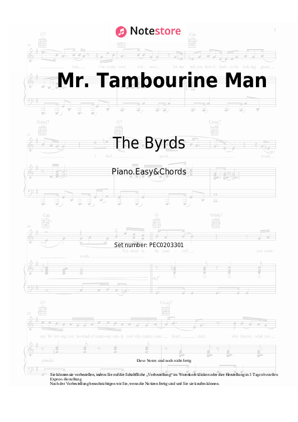 Einfache Noten und Akkorde The Byrds - Mr. Tambourine Man - Klavier.Einfach&Akkorde