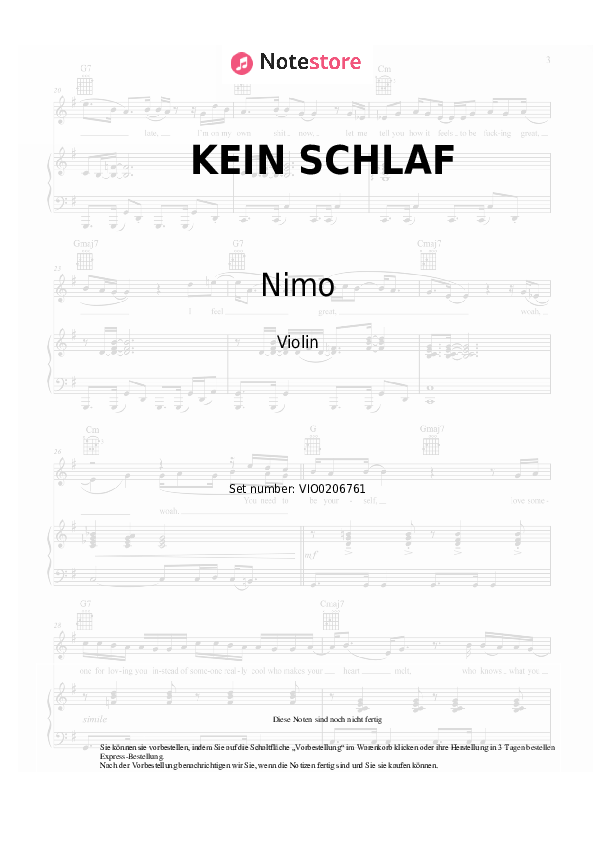 Noten Nimo, Hava - KEIN SCHLAF - Violine