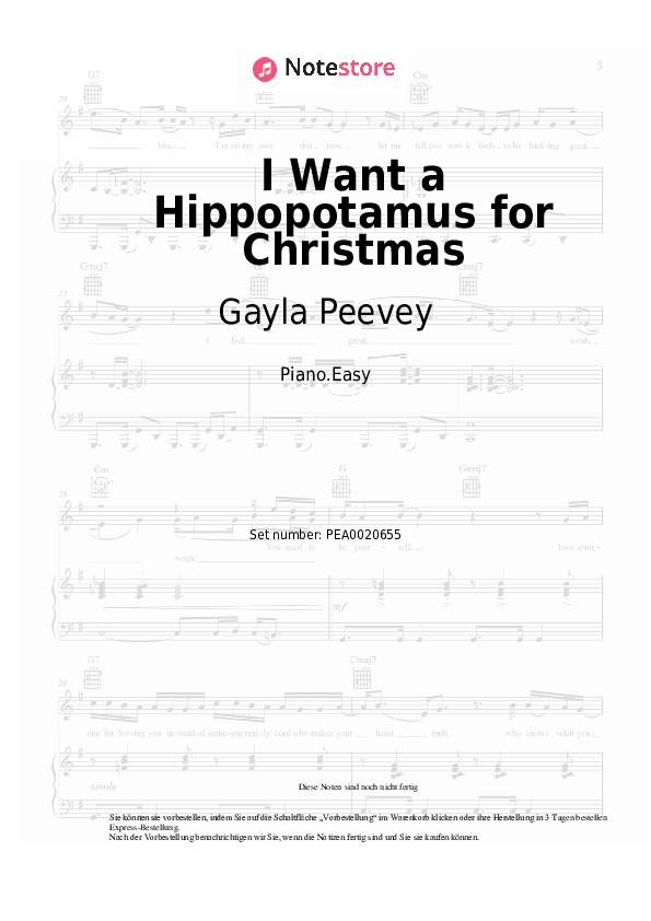Einfache Noten Gayla Peevey - I Want a Hippopotamus for Christmas - Klavier.Easy