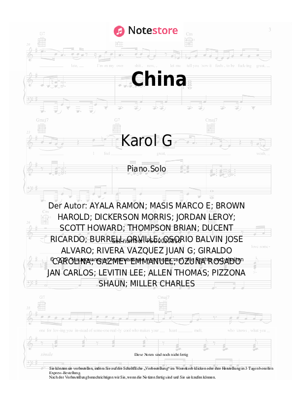 Noten Daddy Yankee, J Balvin, Ozuna, Anuel AA, Karol G - China - Klavier.Solo