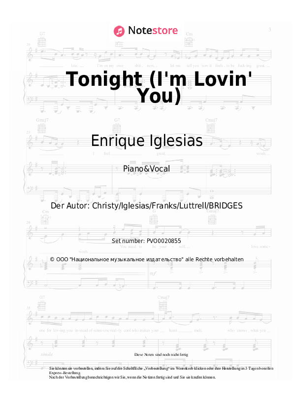 Noten mit Gesang Enrique Iglesias - Tonight (I'm Lovin' You) - Klavier&Gesang