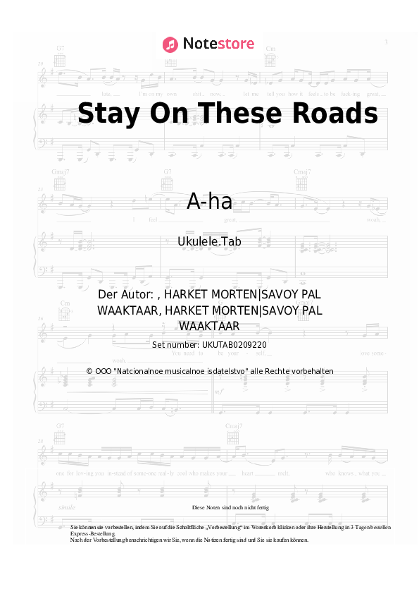 Noten A-ha - Stay On These Roads - Ukulele.Tabs