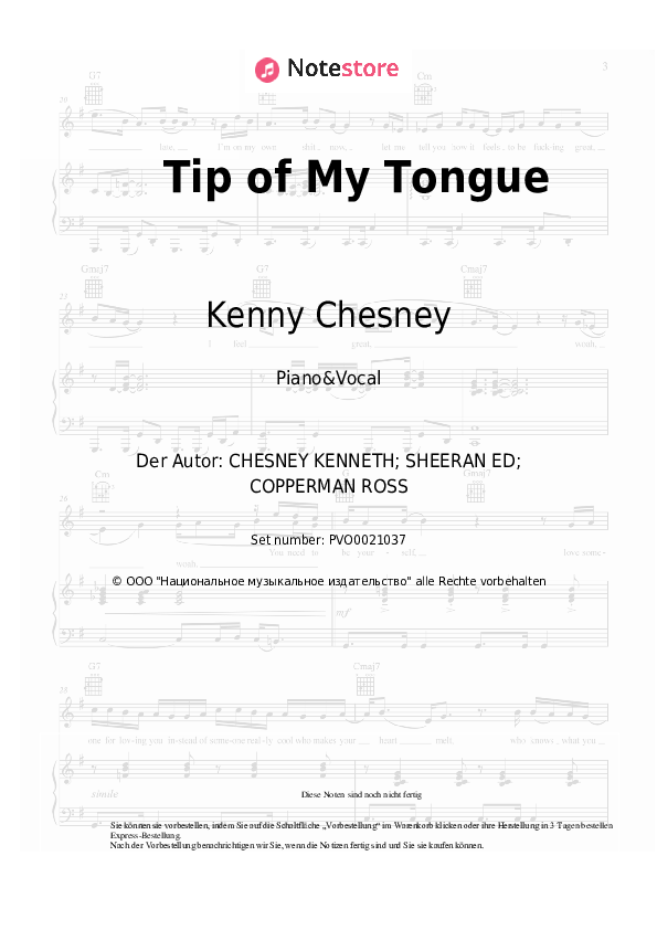 Noten mit Gesang Kenny Chesney - Tip of My Tongue - Klavier&Gesang