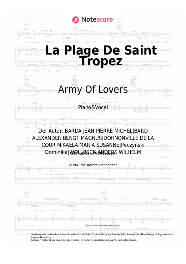 Noten mit Gesang Army Of Lovers - La Plage De Saint Tropez - Klavier&Gesang