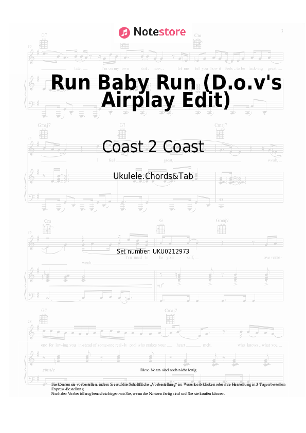 Noten Coast 2 Coast - Run Baby Run (D.o.v's Airplay Edit) - Ukulele.Akkorde&Tabs