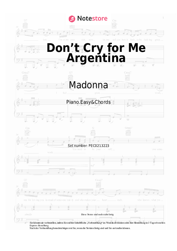 Einfache Noten und Akkorde Madonna - Don’t Cry for Me Argentina - Klavier.Einfach&Akkorde