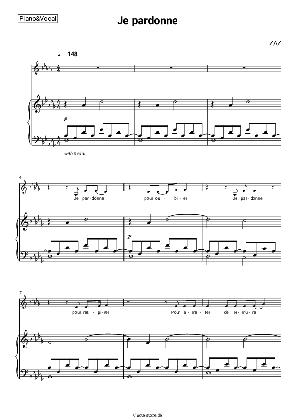 Noten mit Gesang ZAZ - Je pardonne - Klavier&Gesang