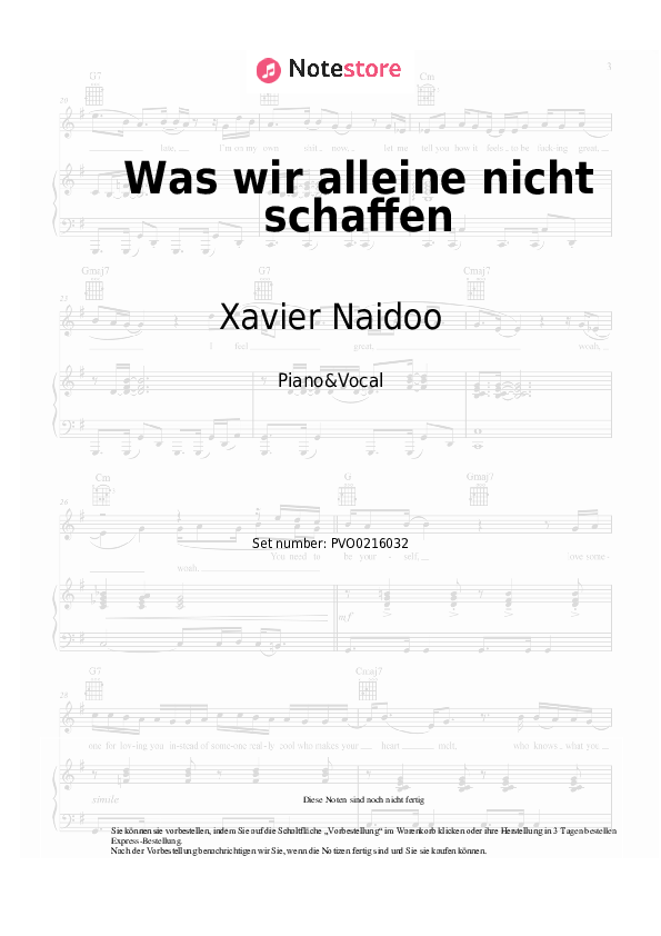 Noten mit Gesang Xavier Naidoo - Was wir alleine nicht schaffen - Klavier&Gesang
