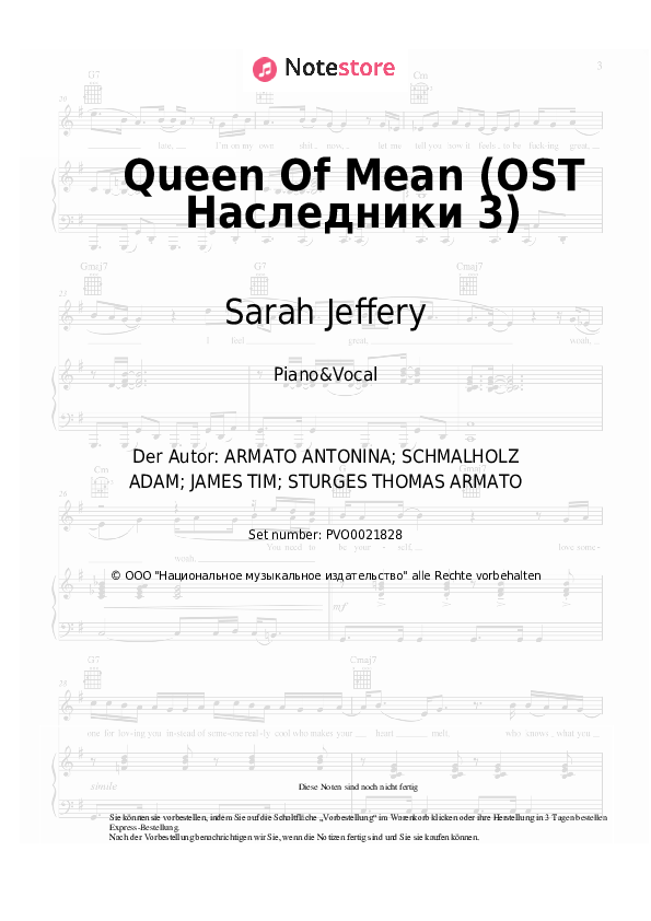 Noten mit Gesang Sarah Jeffery - Queen of Mean (OST Descendants 3) - Klavier&Gesang