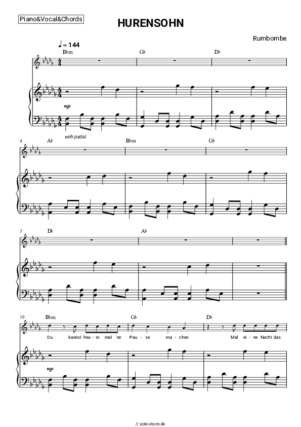 Noten und Akkorde Rumbombe - HURENSOHN - Klavier&Gesang&Akkorde
