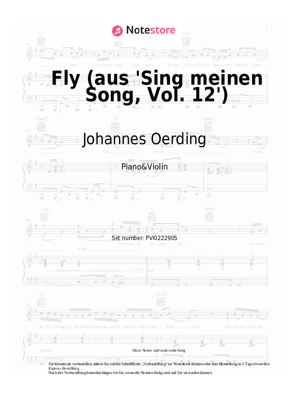 Noten Johannes Oerding - Fly (aus 'Sing meinen Song, Vol. 12') - Klavier&Geige