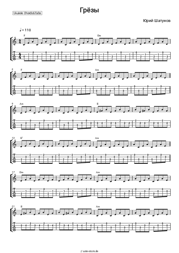 Noten Yuriy Shatunov - Грёзы - Ukulele.Akkorde&Tabs