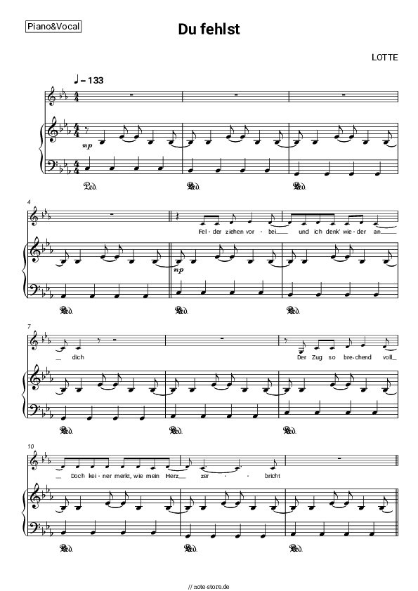 Noten mit Gesang LOTTE - Du fehlst - Klavier&Gesang