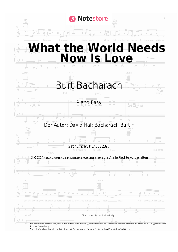 Einfache Noten Burt Bacharach - What the World Needs Now Is Love - Klavier.Easy