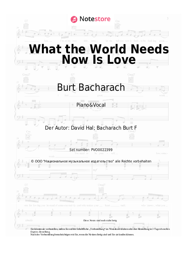 Noten mit Gesang Burt Bacharach - What the World Needs Now Is Love - Klavier&Gesang