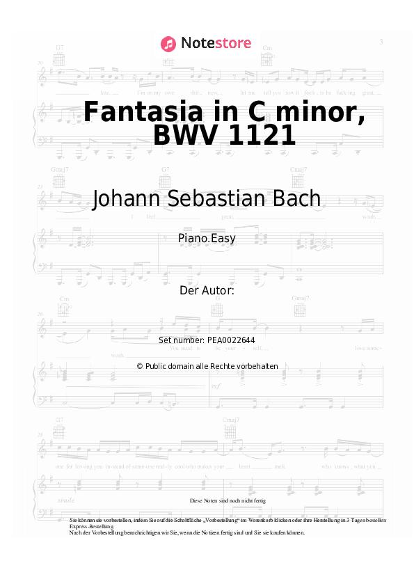 Einfache Noten Johann Sebastian Bach - Fantasia in C minor, BWV 1121 - Klavier.Easy