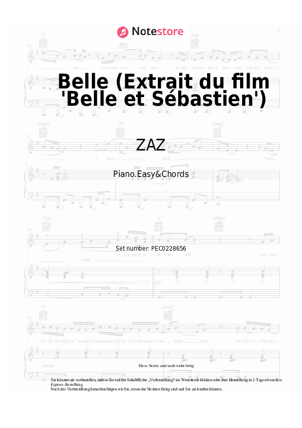 Einfache Noten und Akkorde ZAZ, Armand Amar - Belle (Extrait du film 'Belle et Sébastien') - Klavier.Einfach&Akkorde