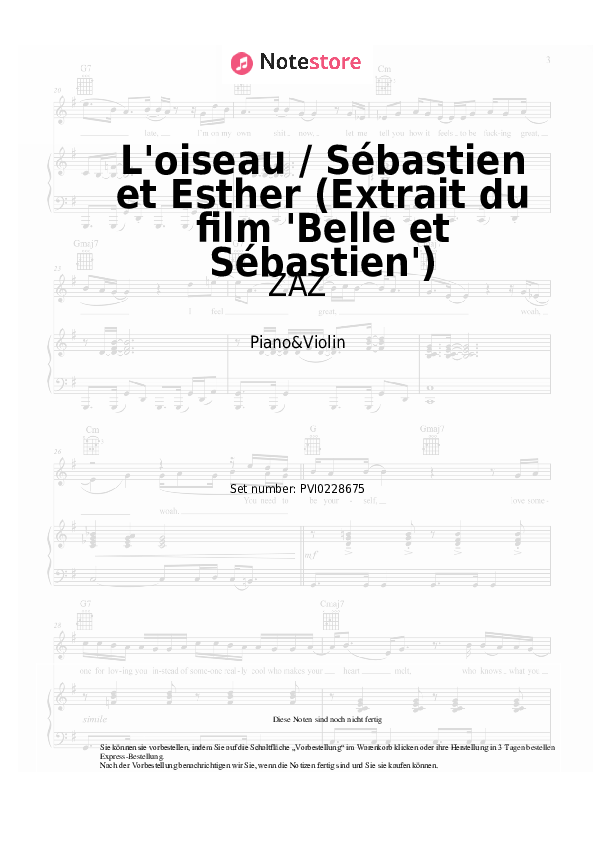 Noten ZAZ, Armand Amar, Guillaume Begni - L'oiseau / Sébastien et Esther (Extrait du film 'Belle et Sébastien') - Klavier&Geige