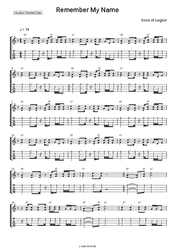 Noten Sons of Legion - Remember My Name - Ukulele.Akkorde&Tabs