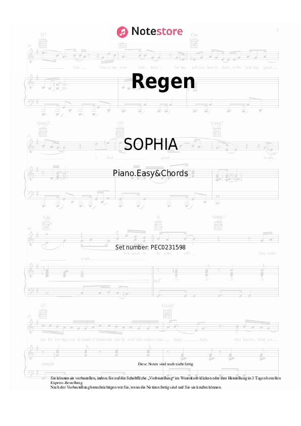 Einfache Noten und Akkorde SOPHIA - Regen - Klavier.Einfach&Akkorde