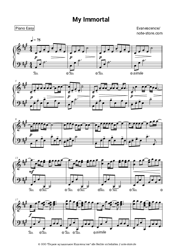 Einfache Noten Evanescence - My immortal - Klavier.Easy