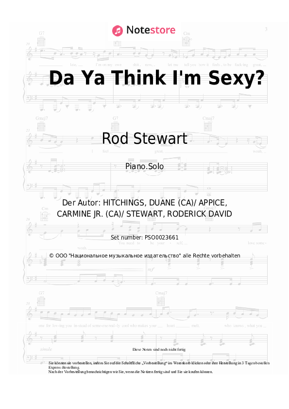 Noten Rod Stewart - Da Ya Think I'm Sexy? - Klavier.Solo