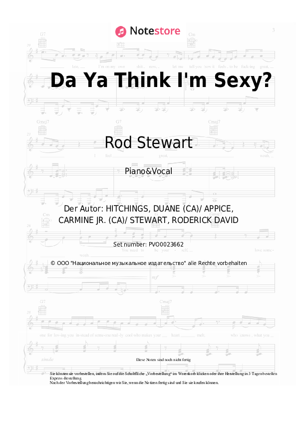 Noten mit Gesang Rod Stewart - Da Ya Think I'm Sexy? - Klavier&Gesang