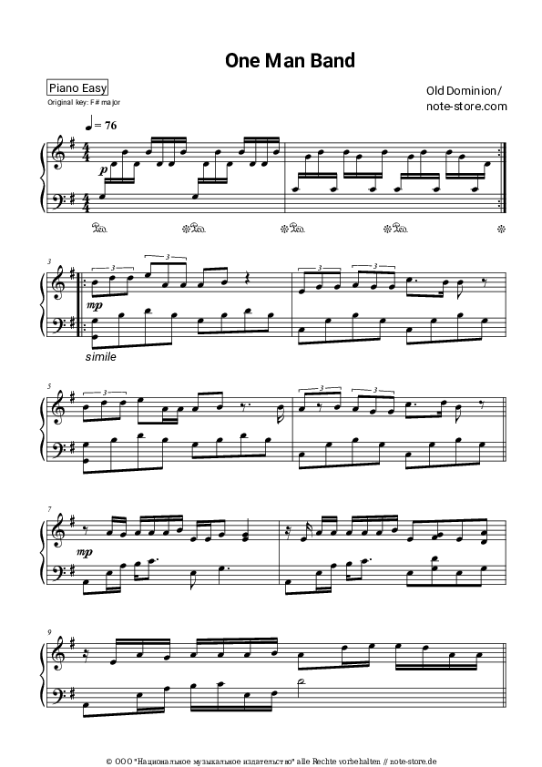 Einfache Noten Old Dominion - One Man Band - Klavier.Easy