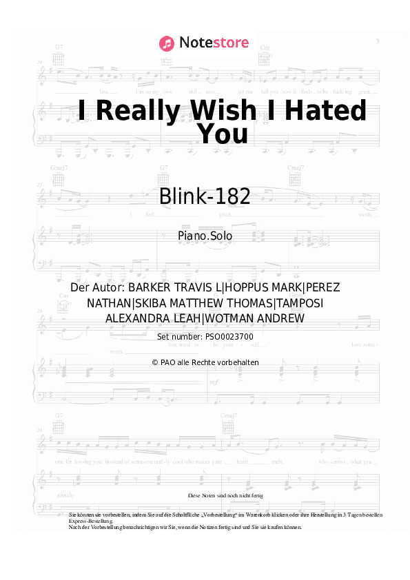 Noten Blink-182 - I Really Wish I Hated You - Klavier.Solo