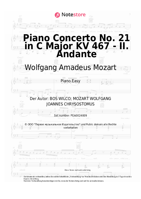 Einfache Noten Wolfgang Amadeus Mozart - Piano Concerto No. 21 in C Major KV 467 - II. Andante - Klavier.Easy
