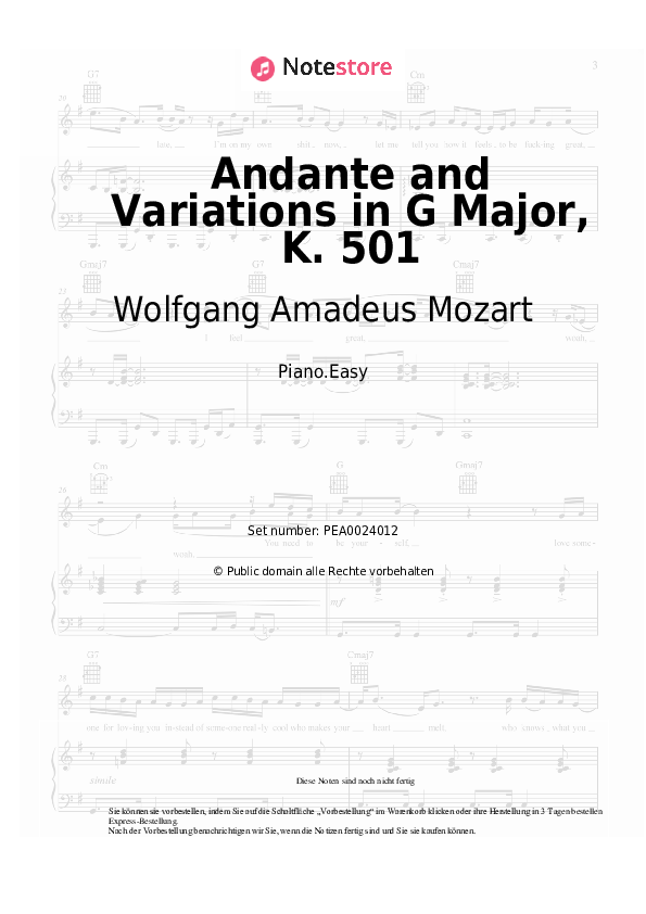 Einfache Noten Wolfgang Amadeus Mozart - Andante and Variations in G Major, K. 501 - Klavier.Easy