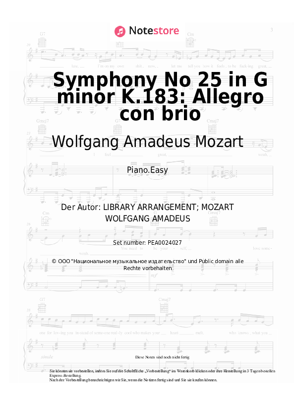 Einfache Noten Wolfgang Amadeus Mozart - Symphony No 25 in G minor K.183: Allegro con brio - Klavier.Easy