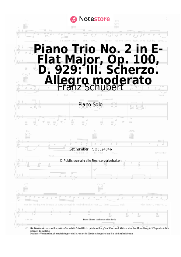 Noten Franz Schubert - Piano Trio No. 2 in E-Flat Major, Op. 100, D. 929: III. Scherzo. Allegro moderato - Klavier.Solo