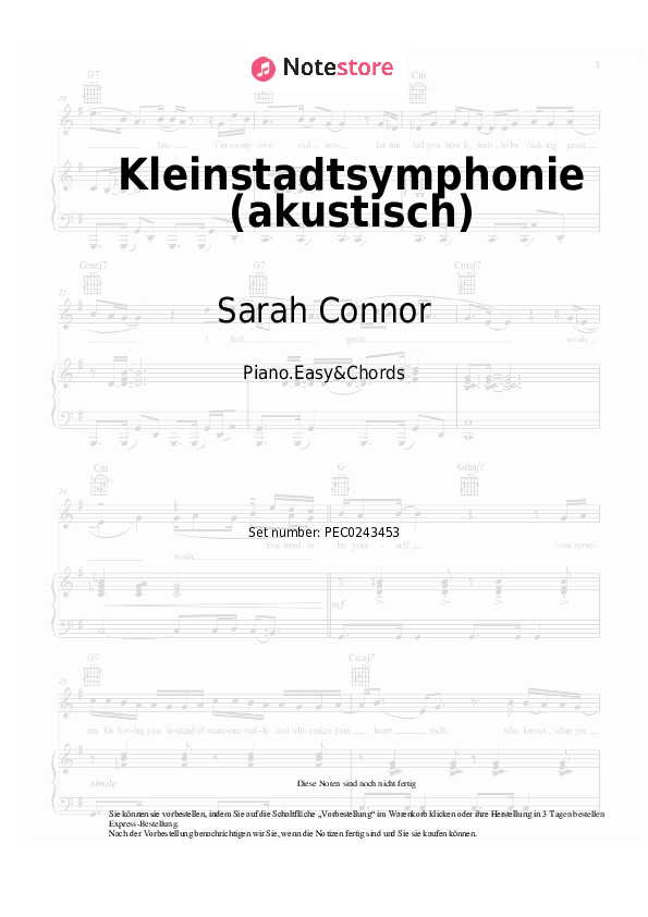 Einfache Noten und Akkorde Sarah Connor - Kleinstadtsymphonie (akustisch) - Klavier.Einfach&Akkorde