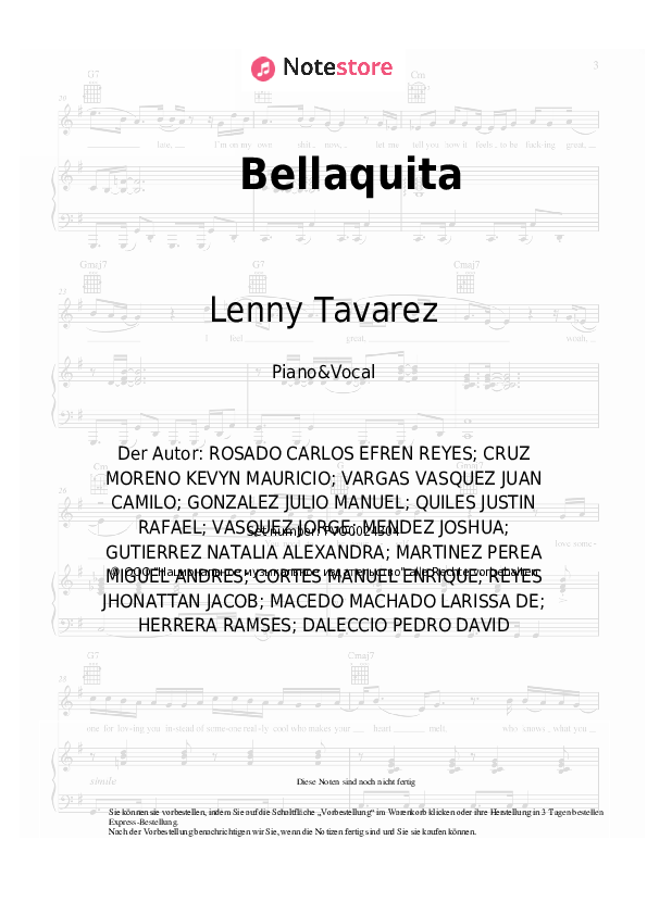 Noten mit Gesang Dalex, Lenny Tavarez, Justin Quiles, Farruko, Natti Natasha, Anitta - Bellaquita (Remix) - Klavier&Gesang