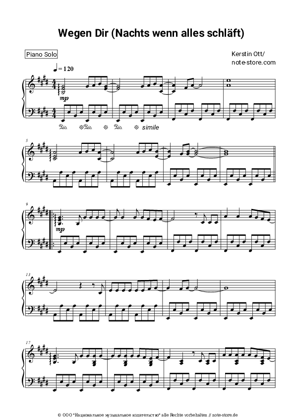 Noten Kerstin Ott - Wegen Dir (Nachts wenn alles schlaft) - Klavier.Solo
