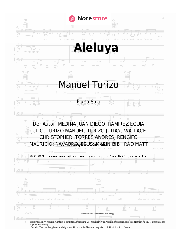 Noten Reik, Manuel Turizo - Aleluya - Klavier.Solo