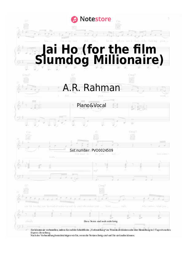 Noten mit Gesang A.R. Rahman - Jai Ho (for the film Slumdog Millionaire) - Klavier&Gesang