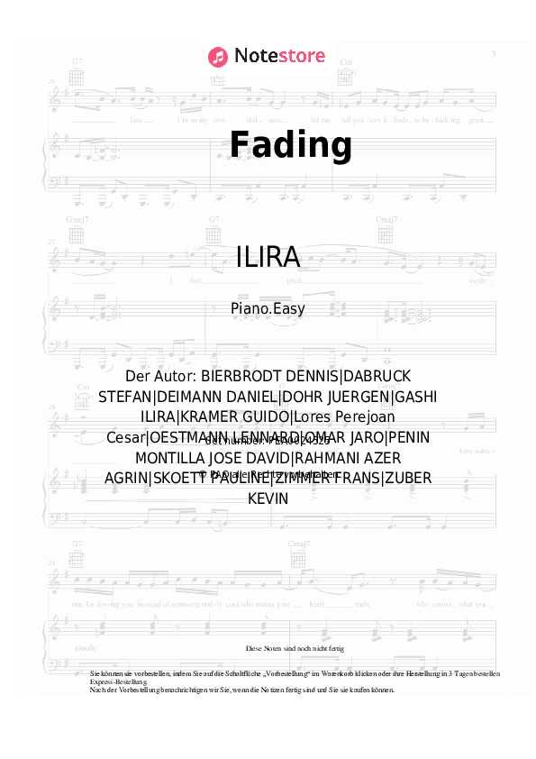 Einfache Noten Alle Farben, ILIRA - Fading - Klavier.Easy