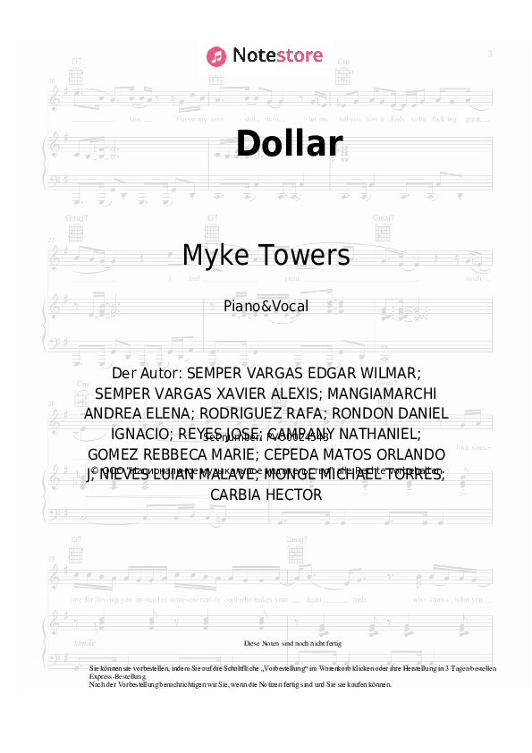 Noten mit Gesang Becky G, Myke Towers - Dollar - Klavier&Gesang