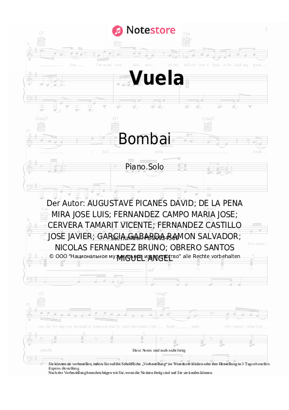 Noten Bombai - Vuela - Klavier.Solo
